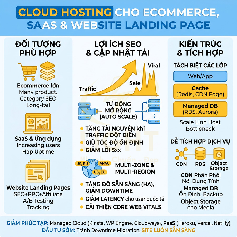 Mô tả dịch vụ cloud hosting cho ecommerce, SaaS và landing page với lợi ích SEO, auto scale và kiến trúc đa vùng