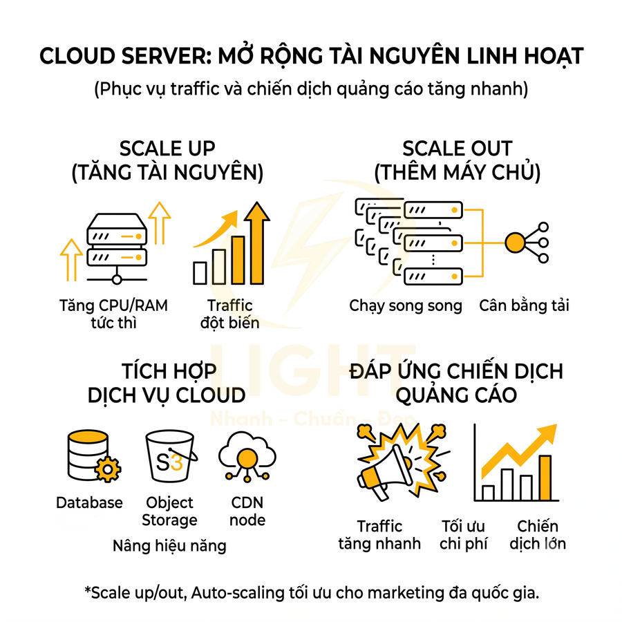 Mô tả lợi ích cloud server mở rộng tài nguyên linh hoạt, scale up scale out, tích hợp dịch vụ cloud cho chiến dịch quảng cáo