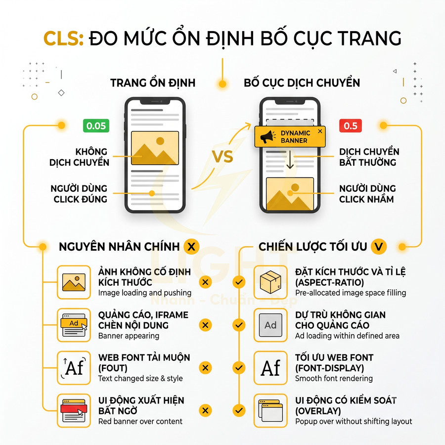 Infographic giải thích CLS đo mức ổn định bố cục trang và cách tối ưu bố cục web tránh dịch chuyển nội dung