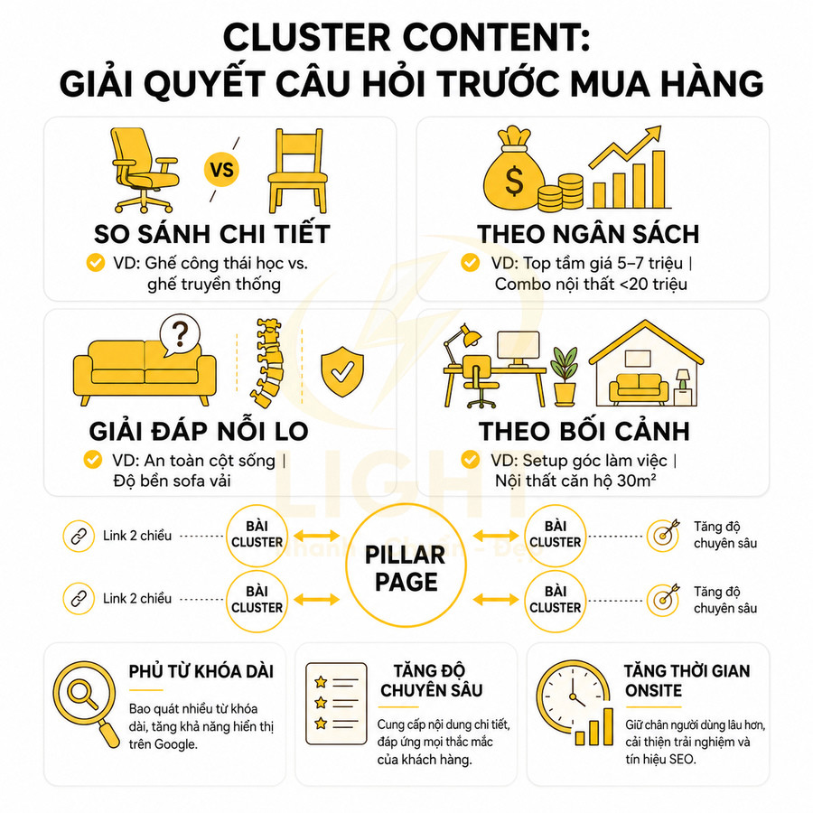 Infographic mô tả chiến lược cluster content giải quyết câu hỏi trước mua hàng trong marketing SEO