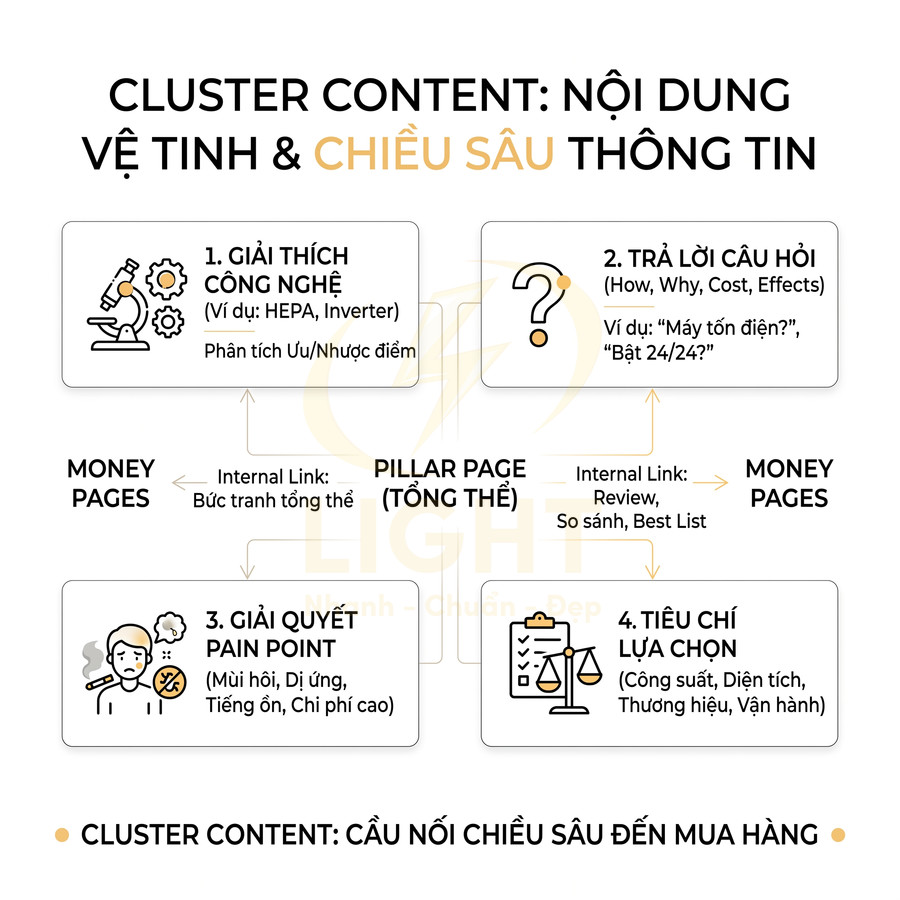 Sơ đồ cluster content giải thích công nghệ, trả lời câu hỏi, giải quyết pain point và tiêu chí lựa chọn dẫn đến trang mua hàng