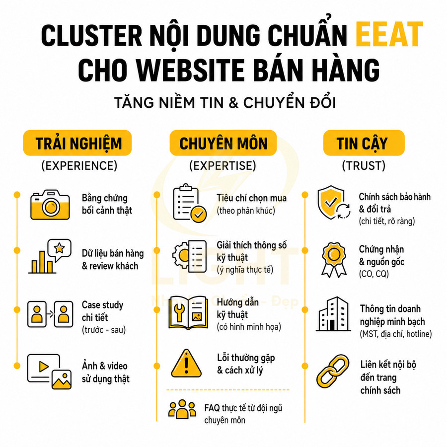 Infographic hướng dẫn xây dựng nội dung chuẩn EEAT cho website bán hàng tăng niềm tin và chuyển đổi