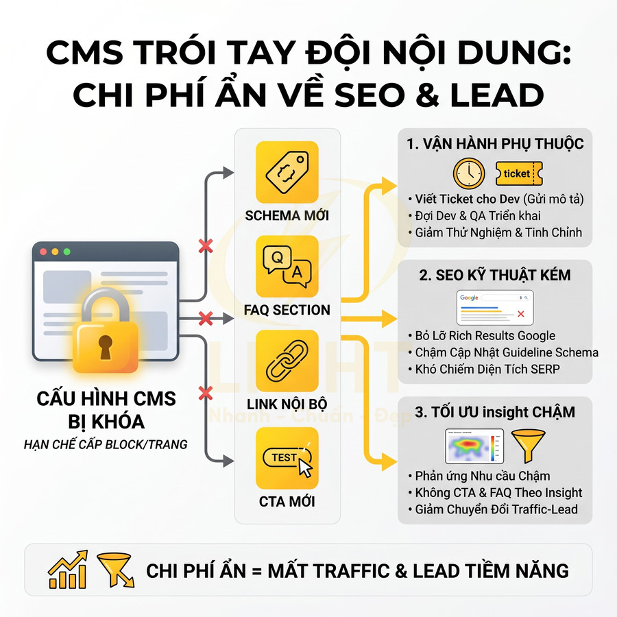 Minh họa cấu hình CMS bị khóa gây hạn chế schema, FAQ, link nội bộ, CTA mới và làm giảm hiệu quả SEO, lead