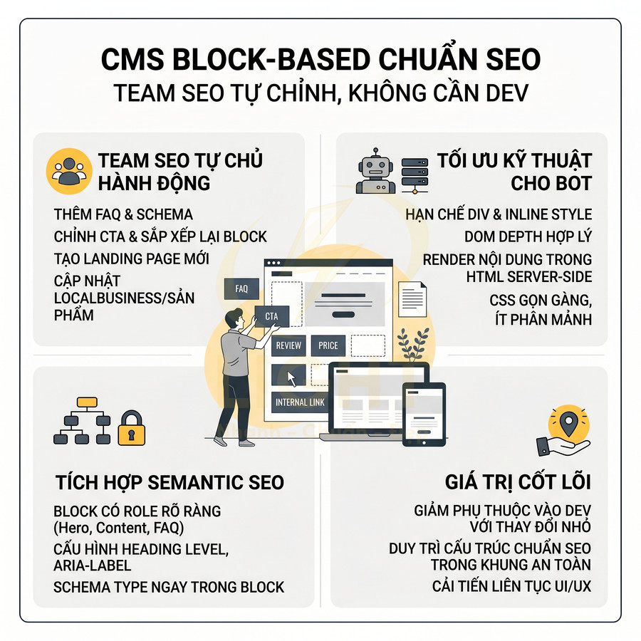 Infographic giới thiệu giải pháp CMS block based chuẩn SEO giúp team SEO tự chỉnh sửa nội dung mà không cần developer