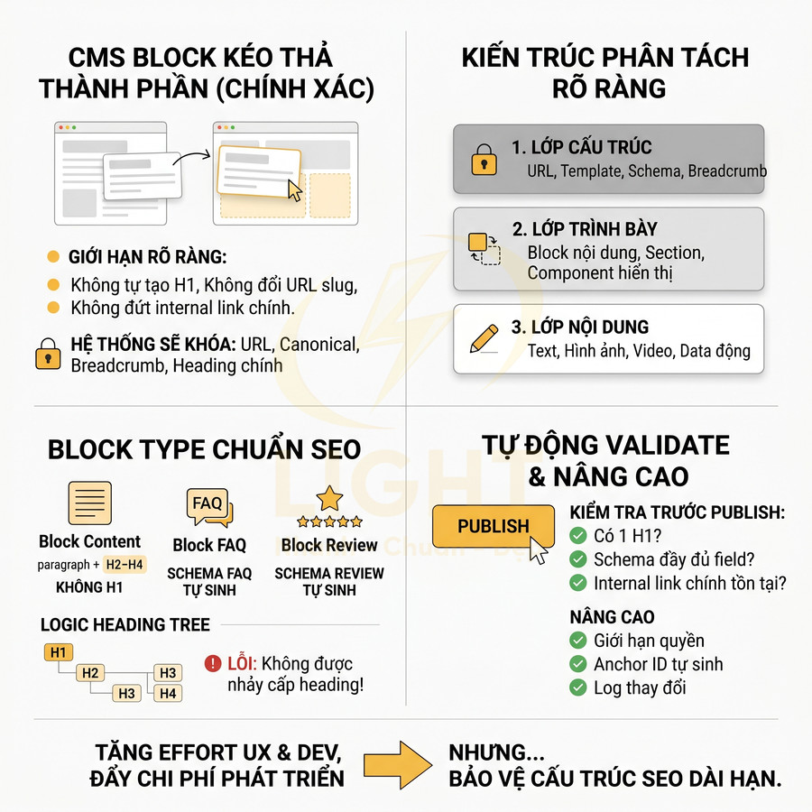 Mô tả giải pháp CMS block kéo thả chuẩn SEO với kiến trúc phân tách, block type và tự động validate nội dung