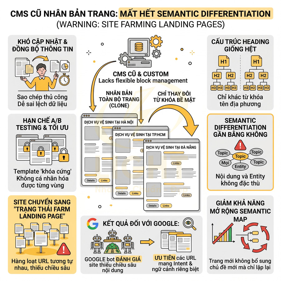 Infographic mô tả nhược điểm CMS cũ nhân bản landing page, trùng lặp nội dung và ảnh hưởng SEO semantic differentiation