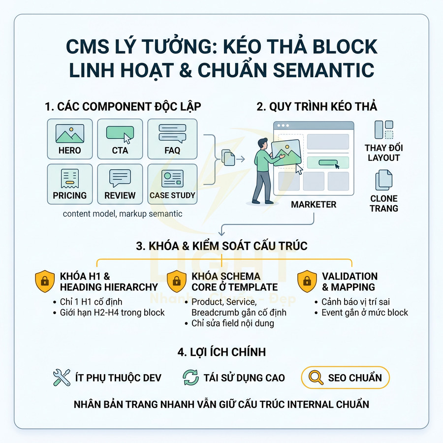 Mô hình CMS kéo thả block linh hoạt, quản lý component độc lập và khóa cấu trúc để tối ưu SEO chuẩn semantic