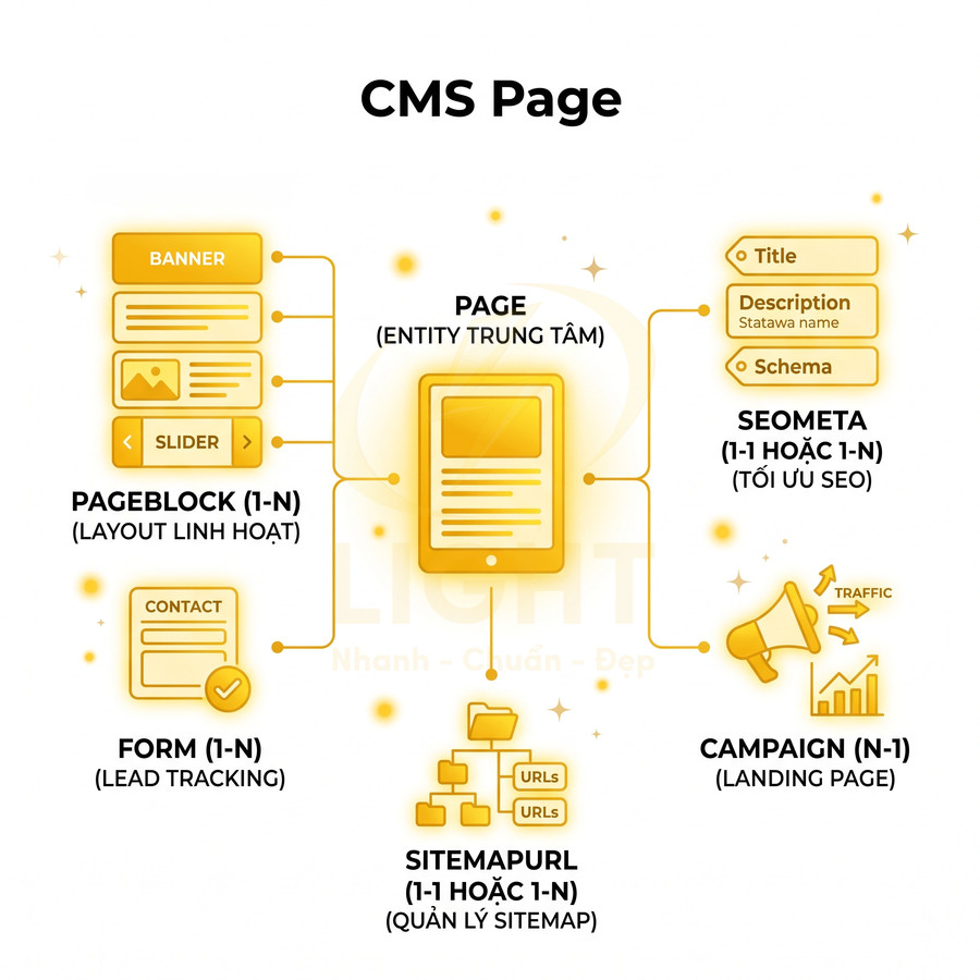 Sơ đồ CMS Page minh họa cấu trúc trang web với page, pageblock, form, seometa, sitemapURL và campaign