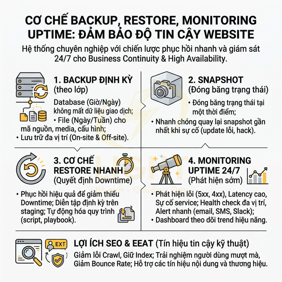 Mô tả cơ chế backup, restore và monitoring uptime 24/7 giúp đảm bảo độ tin cậy và SEO cho website