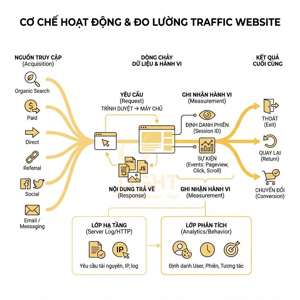Sơ đồ cơ chế hoạt động và đo lường traffic website từ nguồn truy cập đến chuyển đổi