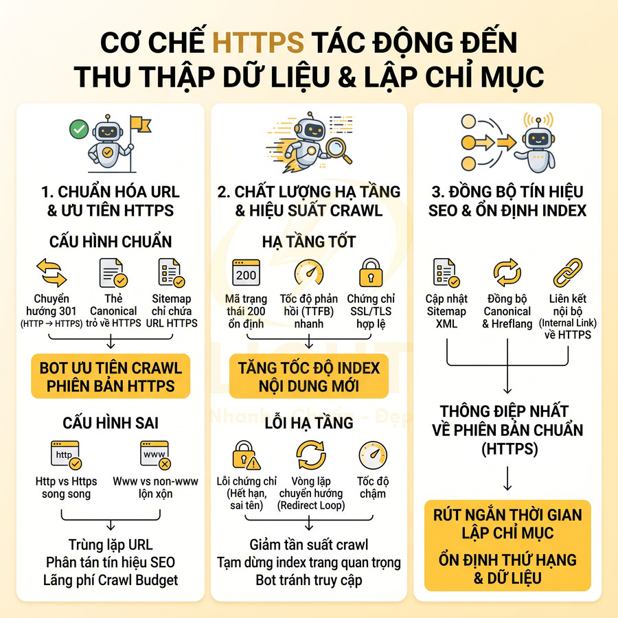 Infographic cơ chế HTTPS ảnh hưởng thu thập dữ liệu, lập chỉ mục và tối ưu SEO website