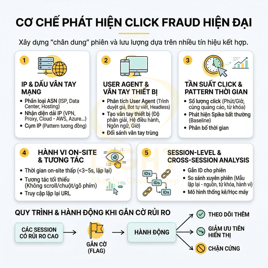 Sơ đồ cơ chế phát hiện click fraud hiện đại với các bước phân tích IP, thiết bị, hành vi và phiên truy cập