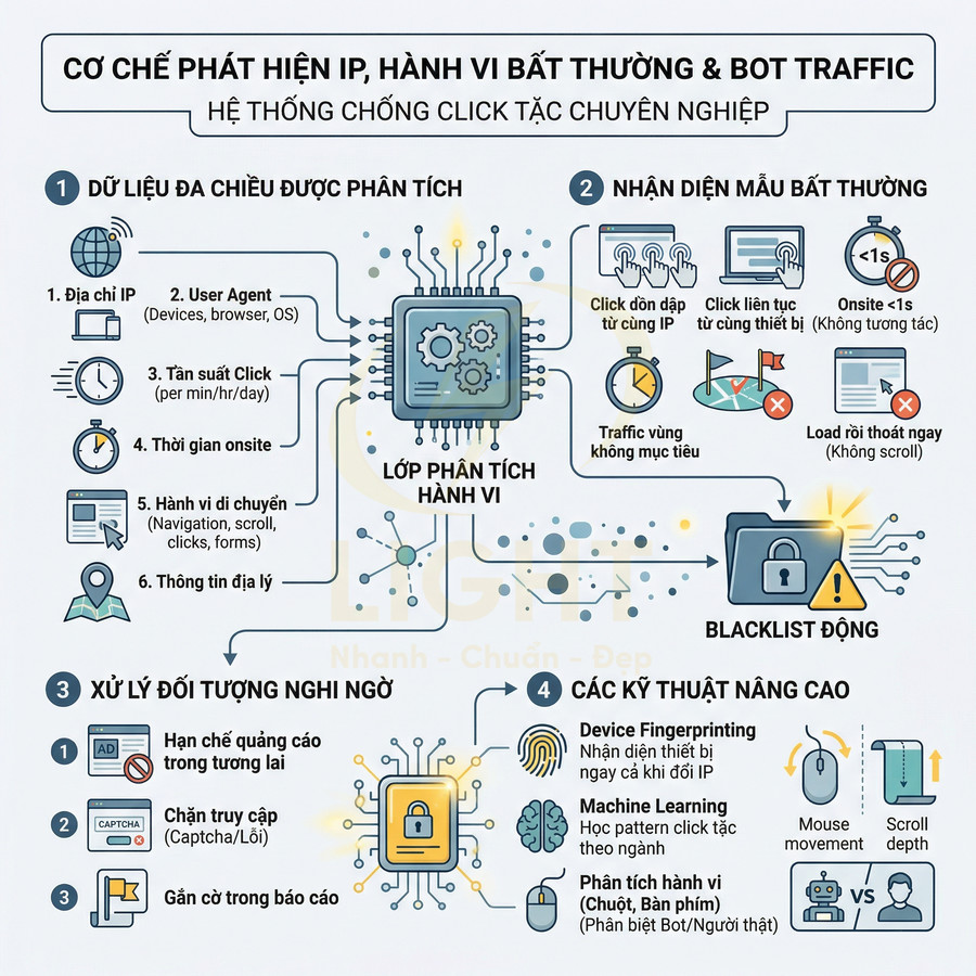 Sơ đồ cơ chế hệ thống chống click tặc phân tích hành vi, phát hiện IP bất thường và bot traffic