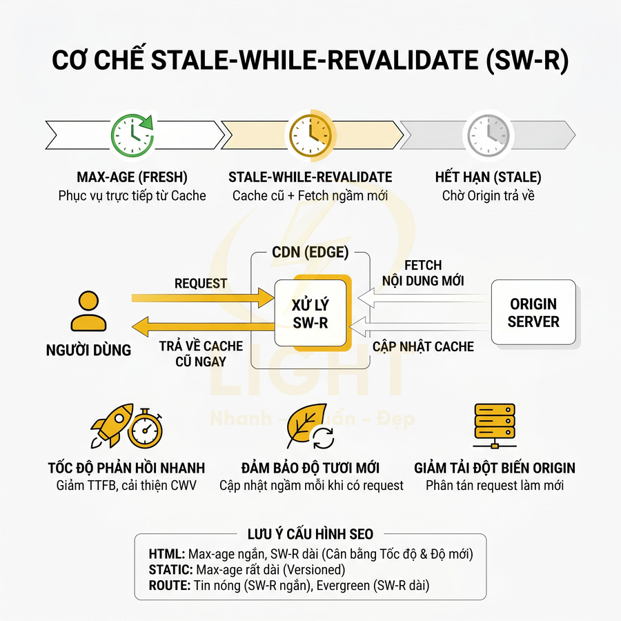 Sơ đồ cơ chế cache stale while revalidate SWR tối ưu tốc độ tải trang và đảm bảo nội dung luôn mới
