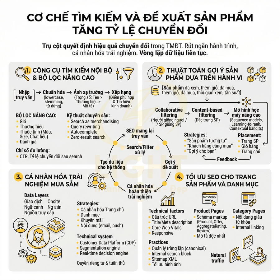 Infographic cơ chế tìm kiếm và đề xuất sản phẩm trong TMĐT giúp tăng tỷ lệ chuyển đổi và cá nhân hóa trải nghiệm mua sắm