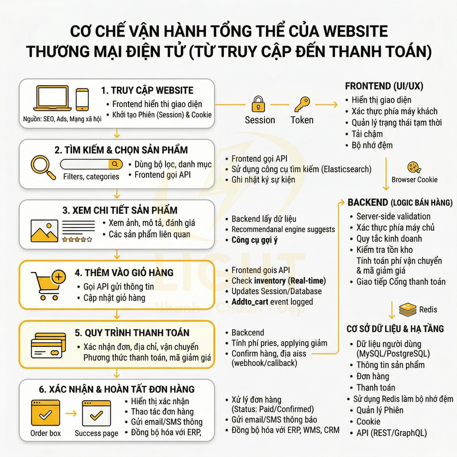 Sơ đồ quy trình vận hành website thương mại điện tử từ truy cập, chọn sản phẩm đến thanh toán và hoàn tất đơn hàng