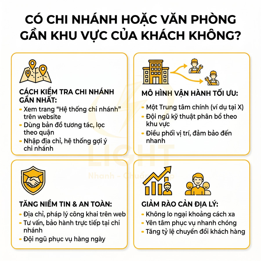 Infographic giới thiệu lợi ích có chi nhánh gần khách hàng, mô hình vận hành tối ưu và tăng niềm tin an toàn dịch vụ