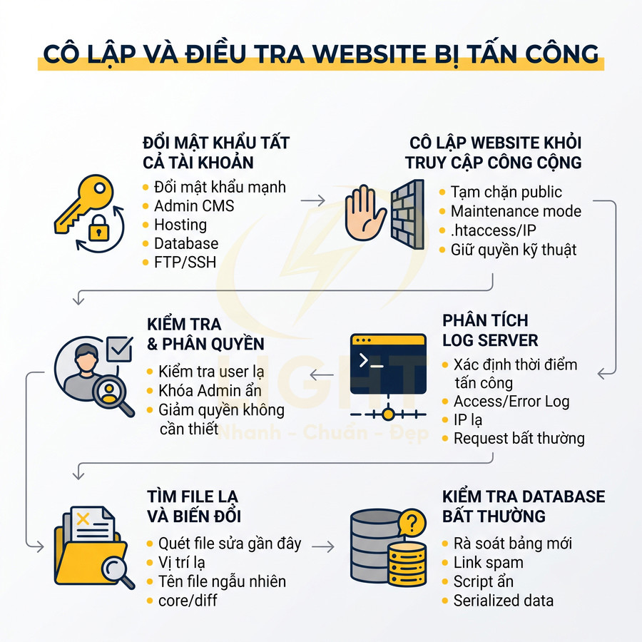 Quy trình cô lập và điều tra website bị tấn công với các bước đổi mật khẩu, kiểm tra phân quyền, log server, file và database