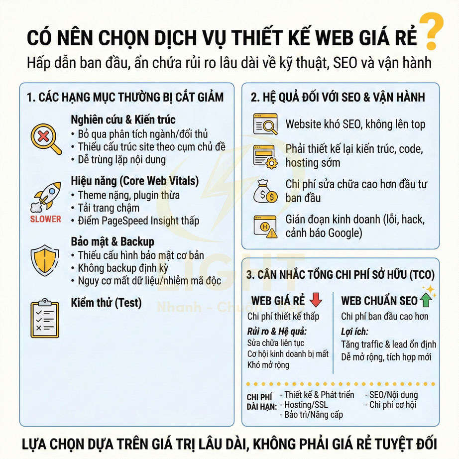 Infographic so sánh rủi ro khi chọn dịch vụ thiết kế web giá rẻ với lợi ích của web chuẩn SEO
