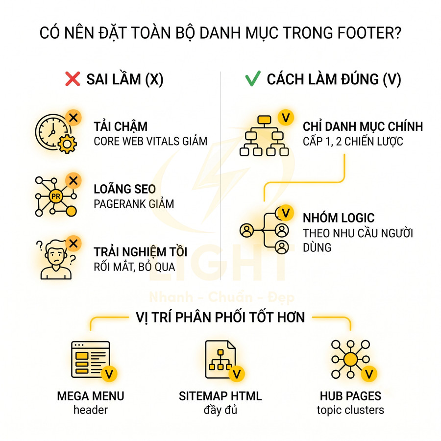 Infographic hướng dẫn phân bổ danh mục website chuẩn SEO, so sánh sai lầm đặt hết ở footer và các vị trí tối ưu