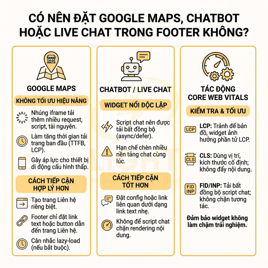 Infographic hướng dẫn đặt Google Maps, chatbot hoặc live chat ở footer và tối ưu Core Web Vitals cho website