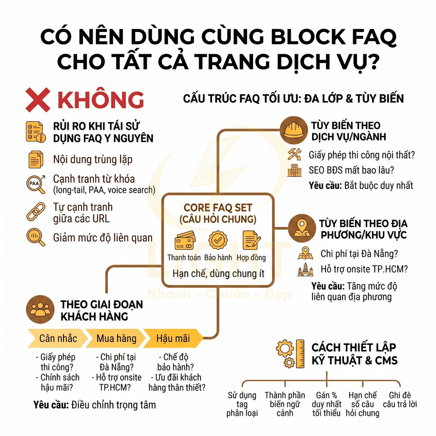 Infographic hướng dẫn cấu trúc block FAQ tối ưu cho các trang dịch vụ theo ngành, địa phương và giai đoạn khách hàng