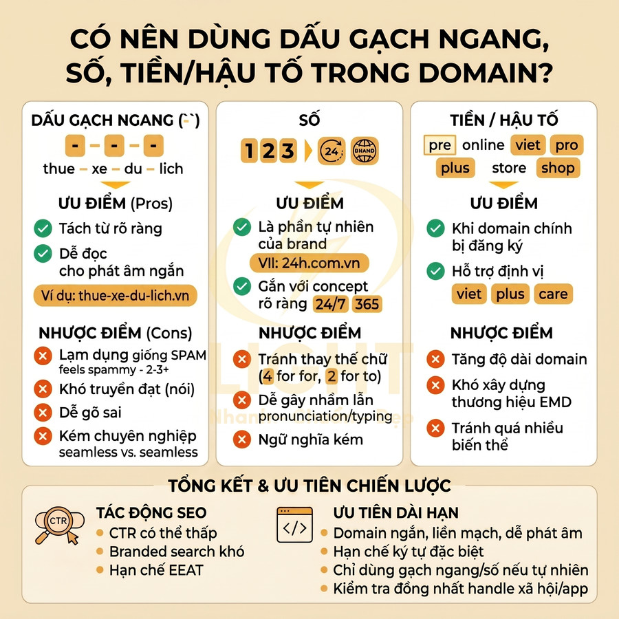 Infographic hướng dẫn dùng dấu gạch ngang, số, tiền tố và hậu tố trong domain để tối ưu SEO và xây dựng thương hiệu
