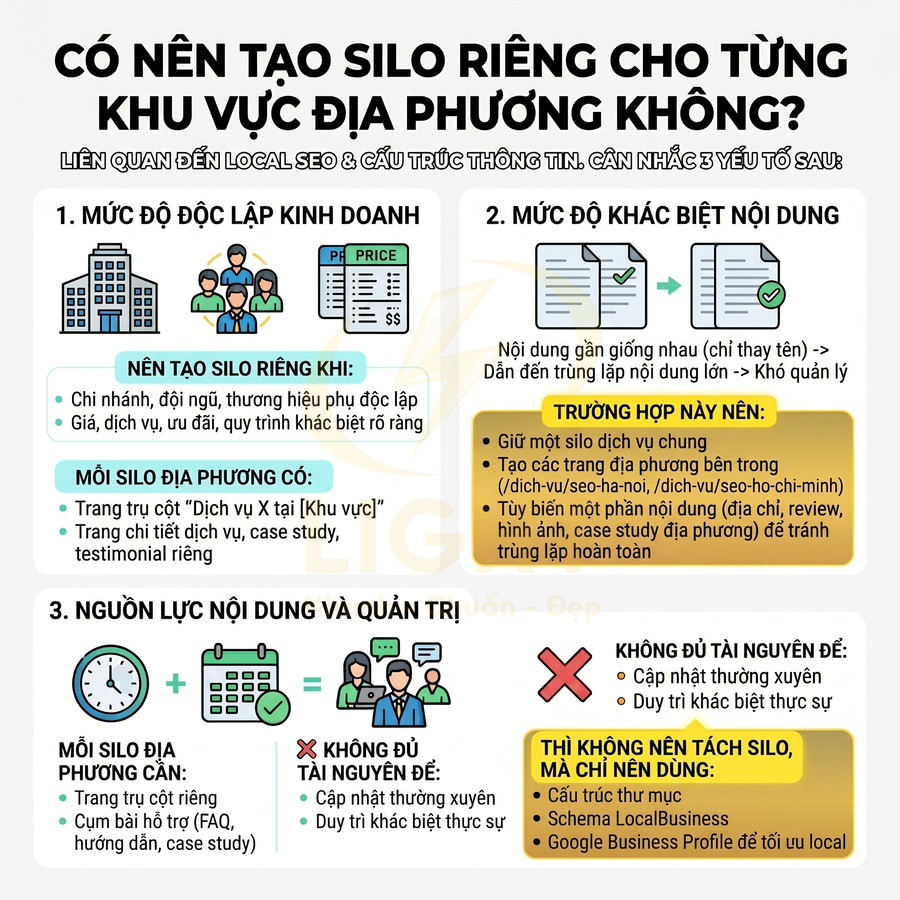 Infographic hướng dẫn có nên tạo silo riêng cho từng khu vực địa phương trong chiến lược Local SEO