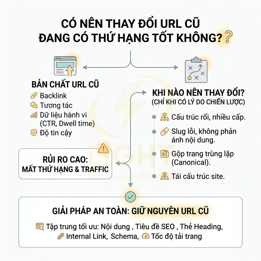 Infographic SEO giải thích có nên thay đổi URL cũ đang có thứ hạng tốt và gợi ý giữ nguyên URL để tránh mất traffic