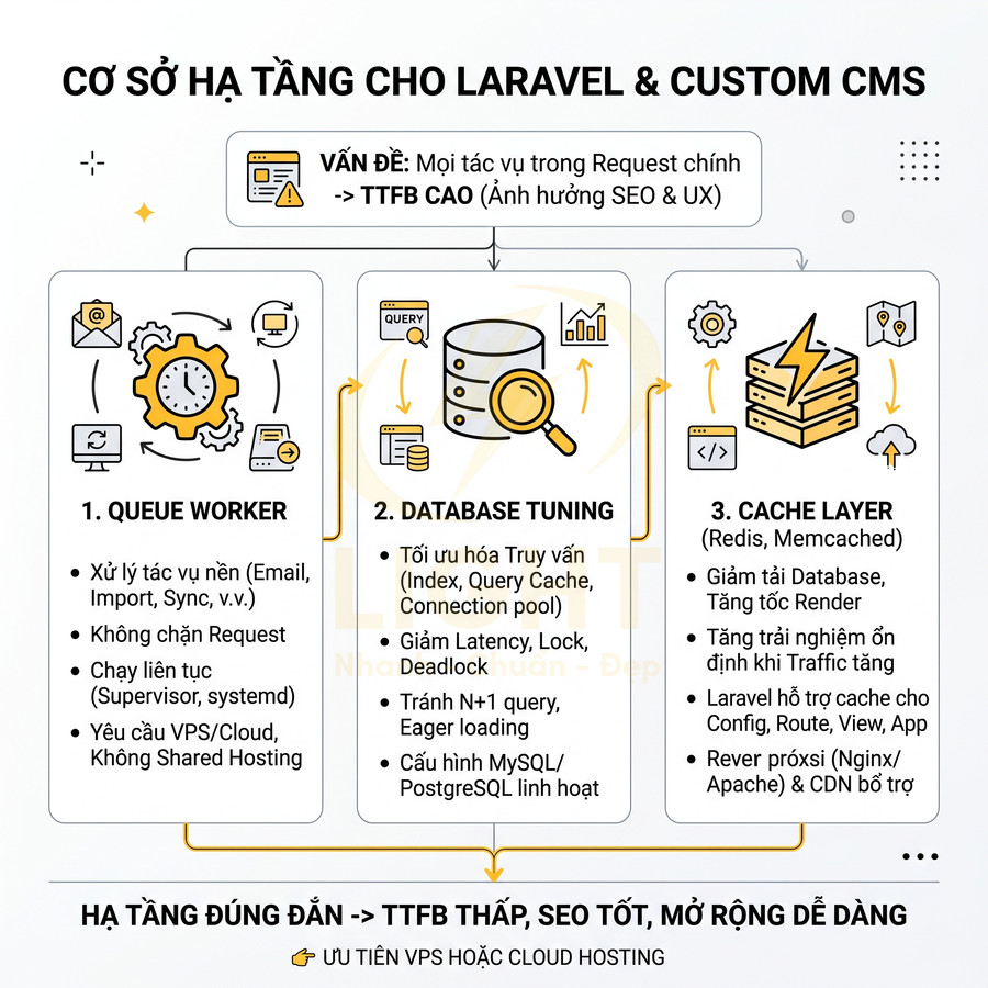 Infographic tối ưu hạ tầng Laravel và custom CMS với queue worker, database tuning và cache layer Redis Memcached
