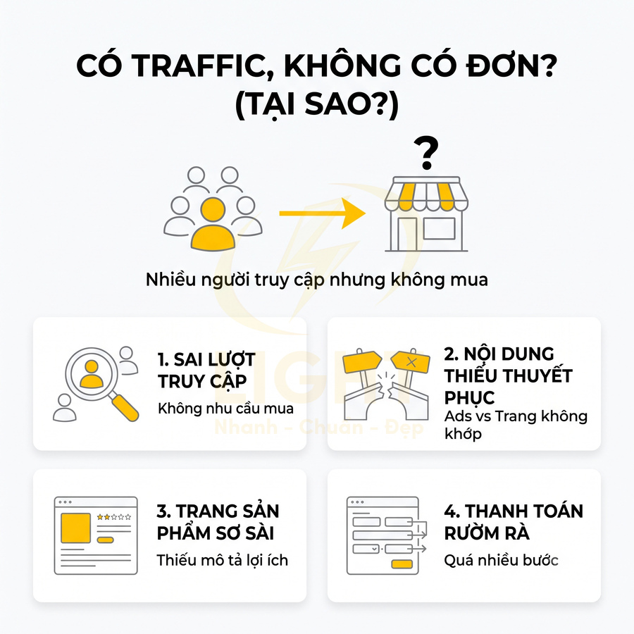 Infographic lý do có traffic nhưng không có đơn hàng trong bán hàng online và gợi ý tối ưu chuyển đổi