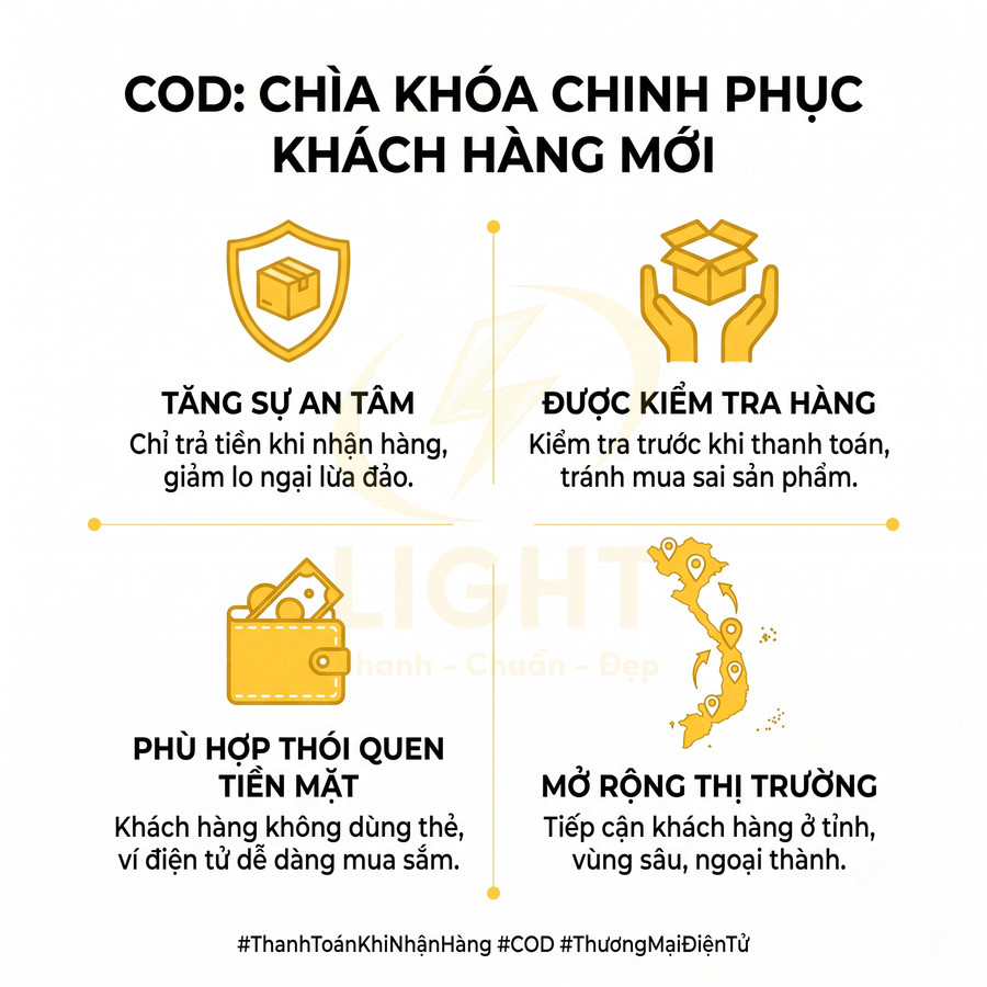 Infographic lợi ích thanh toán COD trong thương mại điện tử như tăng an tâm, kiểm tra hàng, hợp thói quen tiền mặt, mở rộng thị trường