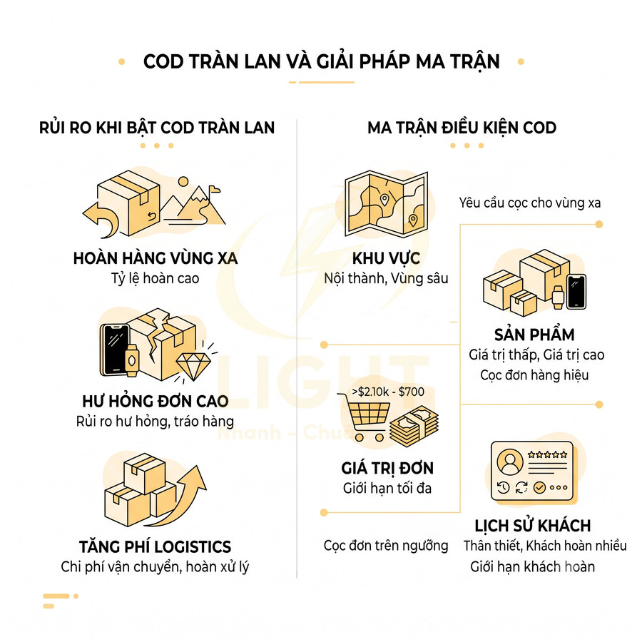 Infographic rủi ro bật COD tràn lan và ma trận điều kiện COD theo khu vực, sản phẩm, giá trị đơn, lịch sử khách hàng