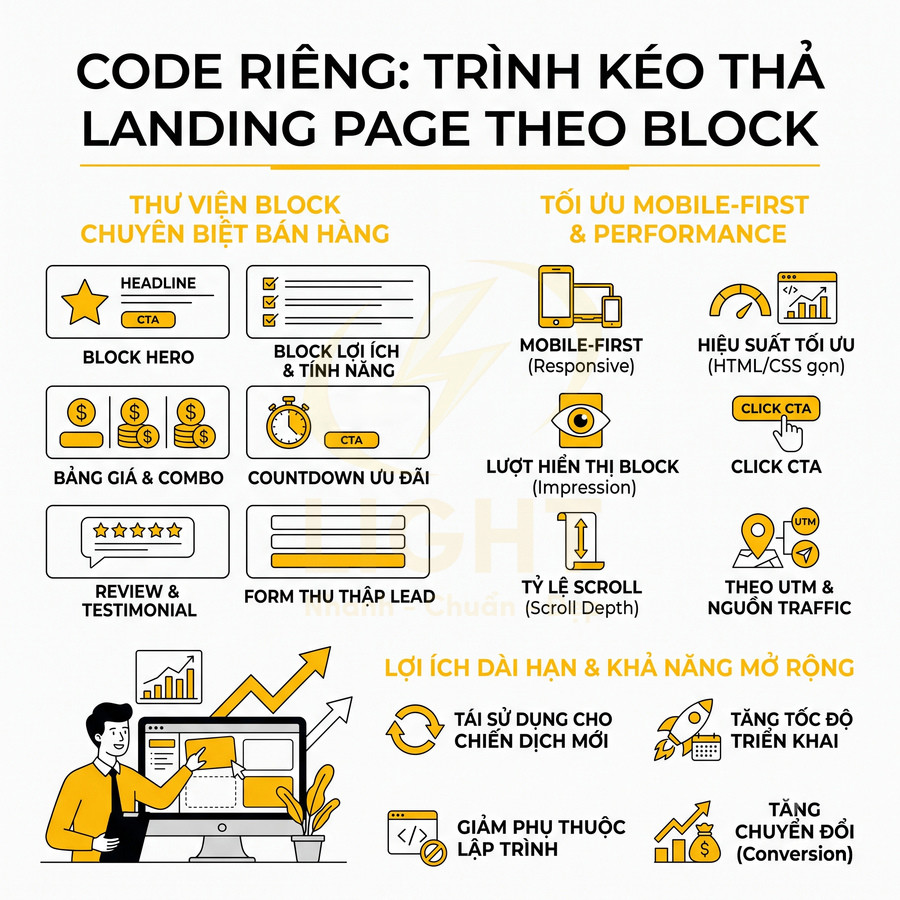 Infographic giới thiệu công cụ kéo thả tạo landing page theo block, tối ưu mobile first và tăng chuyển đổi bán hàng