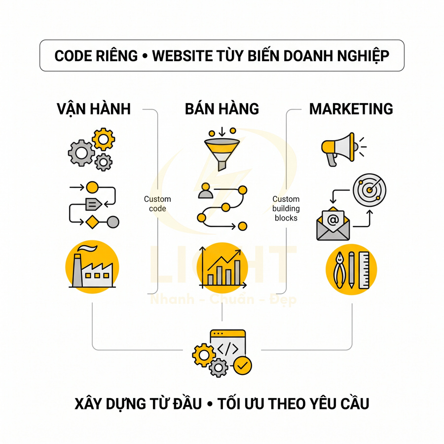 Mô hình website code riêng tùy biến cho doanh nghiệp, tối ưu vận hành bán hàng marketing từ xây dựng đến triển khai