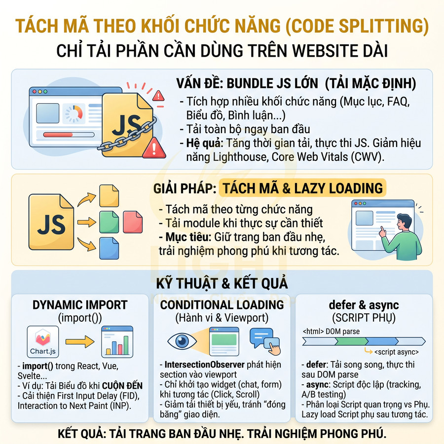 Infographic giải thích code splitting và lazy loading JavaScript để giảm kích thước bundle và tối ưu hiệu năng website