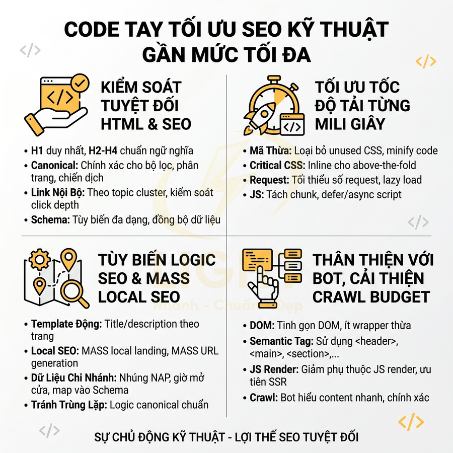 Infographic hướng dẫn tối ưu SEO kỹ thuật với code tay, tập trung vào tốc độ tải, cấu trúc HTML và local SEO