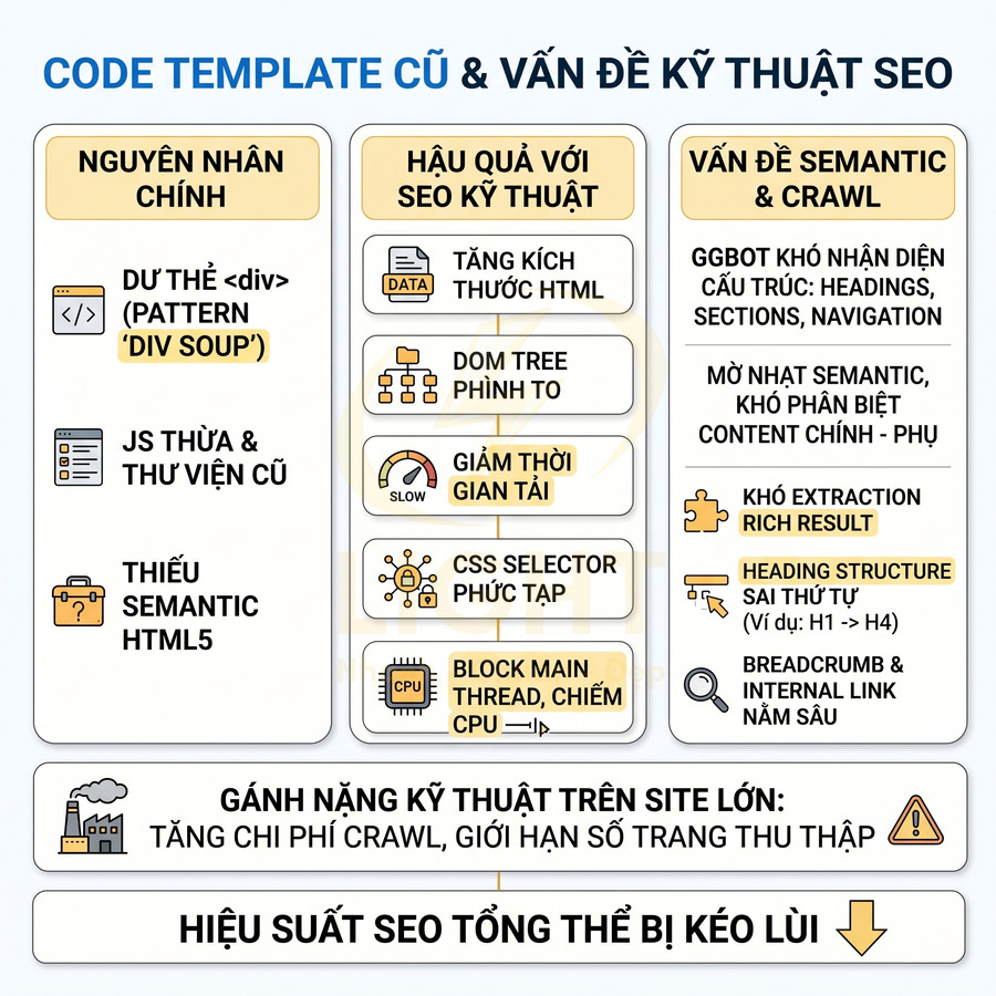 Mô tả code template cũ gây vấn đề kỹ thuật SEO, ảnh hưởng semantic, crawl và hiệu suất SEO tổng thể