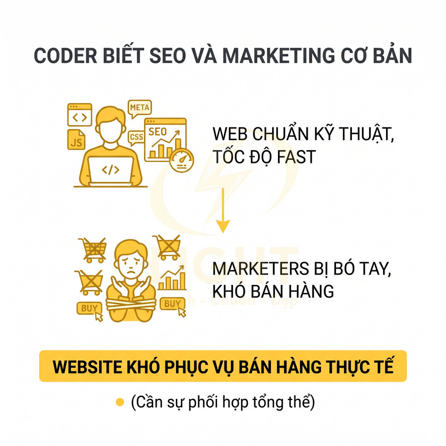 Minh họa coder biết SEO nhưng marketer khó bán hàng, website chuẩn kỹ thuật nhưng chưa hỗ trợ bán hàng hiệu quả