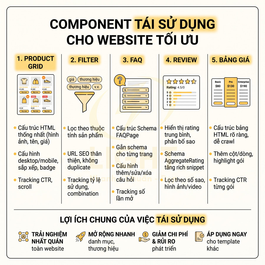 Component tái sử dụng cho website tối ưu với product grid, bộ lọc, FAQ, review và bảng giá kèm lợi ích chi tiết