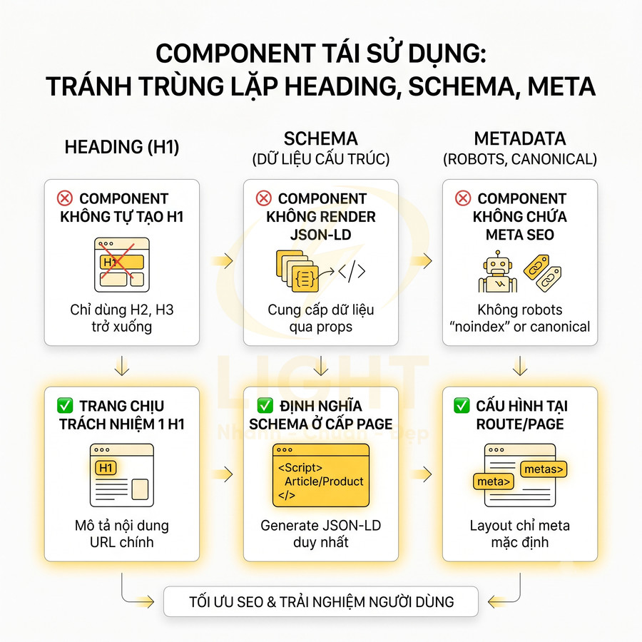 Sơ đồ hướng dẫn cấu trúc heading, schema và metadata để tối ưu SEO cho component tái sử dụng