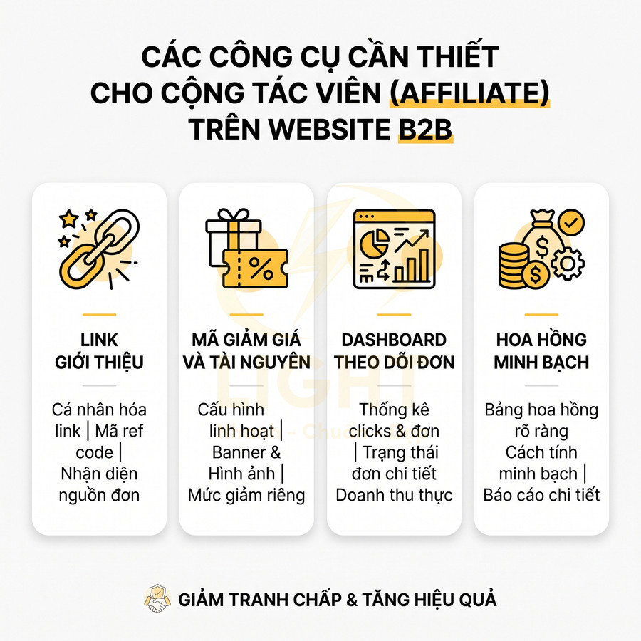 Các công cụ cần thiết cho cộng tác viên affiliate trên website B2B với link giới thiệu, mã giảm giá, dashboard và hoa hồng minh bạch