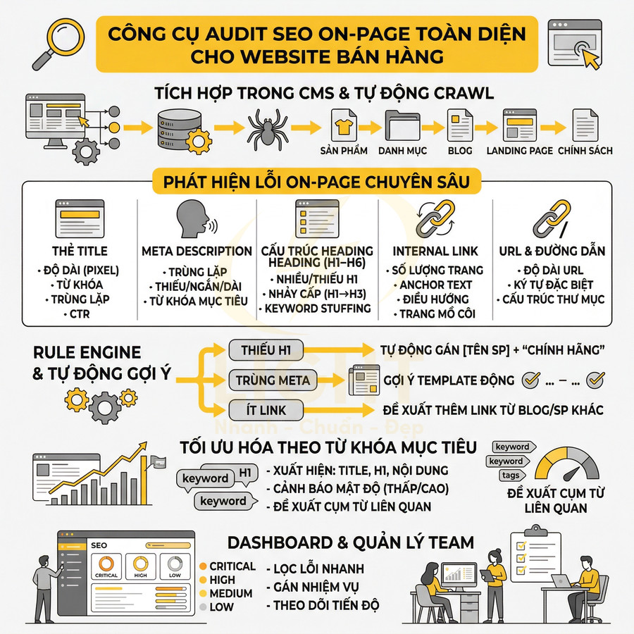 Infographic giới thiệu công cụ audit SEO onpage toàn diện cho website bán hàng, tự động crawl và tối ưu nội dung, từ khóa, liên kết
