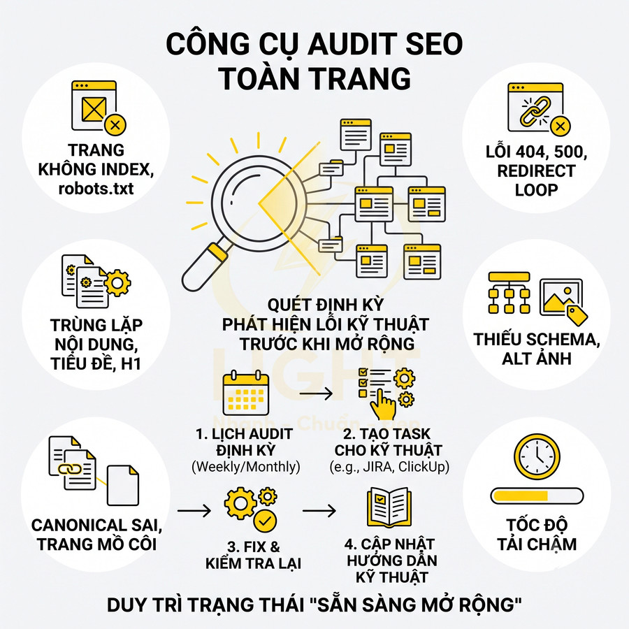 Công cụ audit SEO toàn trang với quy trình quét định kỳ phát hiện và xử lý lỗi kỹ thuật website