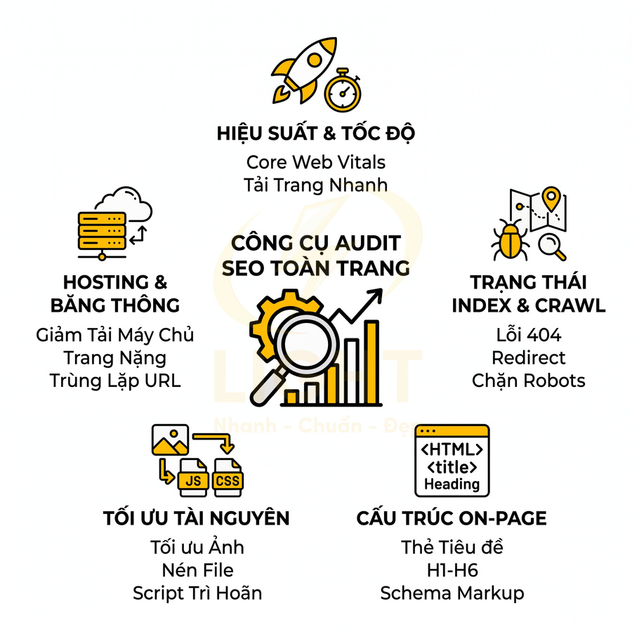 Mô tả công cụ audit SEO toàn trang với các yếu tố tốc độ, hosting, index, tối ưu tài nguyên và cấu trúc onpage