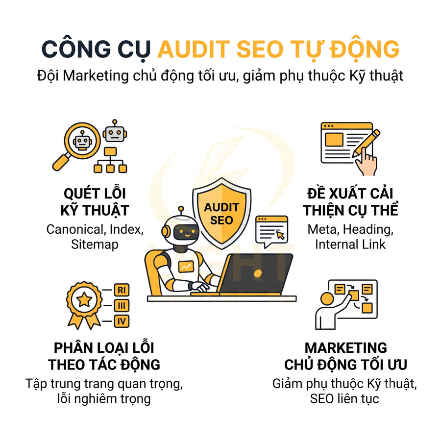 Công cụ audit SEO tự động với robot phân tích website, quét lỗi kỹ thuật và đề xuất cải thiện tối ưu hóa