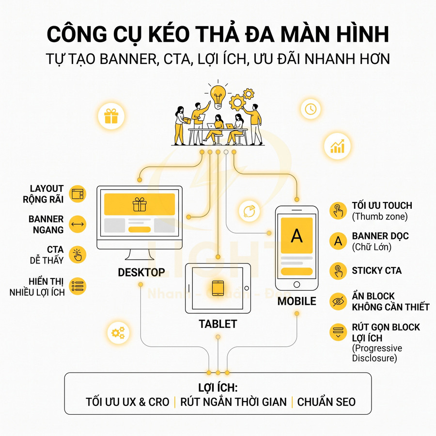 Công cụ kéo thả tạo banner và CTA hiển thị trên desktop, tablet, mobile tối ưu UX CRO và chuẩn SEO