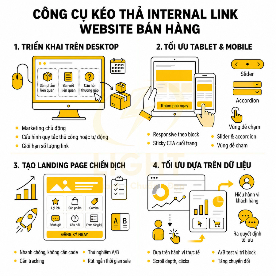 Infographic công cụ kéo thả internal link tối ưu website bán hàng trên desktop, mobile, landing page và dữ liệu