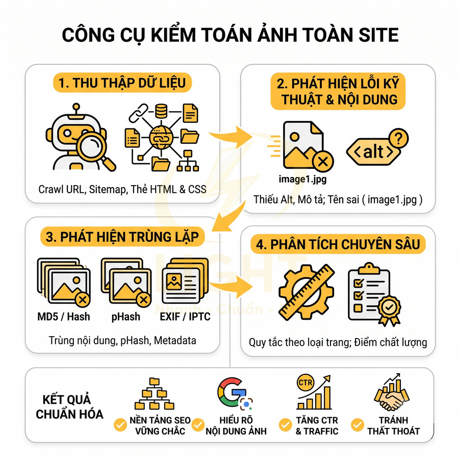 Công cụ kiểm toán ảnh toàn site với các bước thu thập dữ liệu, phát hiện lỗi, trùng lặp và phân tích chuyên sâu