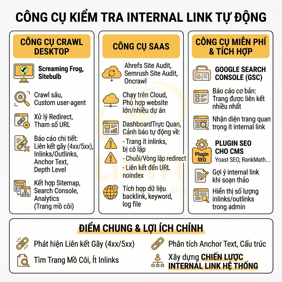 Infographic các công cụ kiểm tra internal link tự động cho SEO gồm crawl desktop, SaaS và công cụ miễn phí